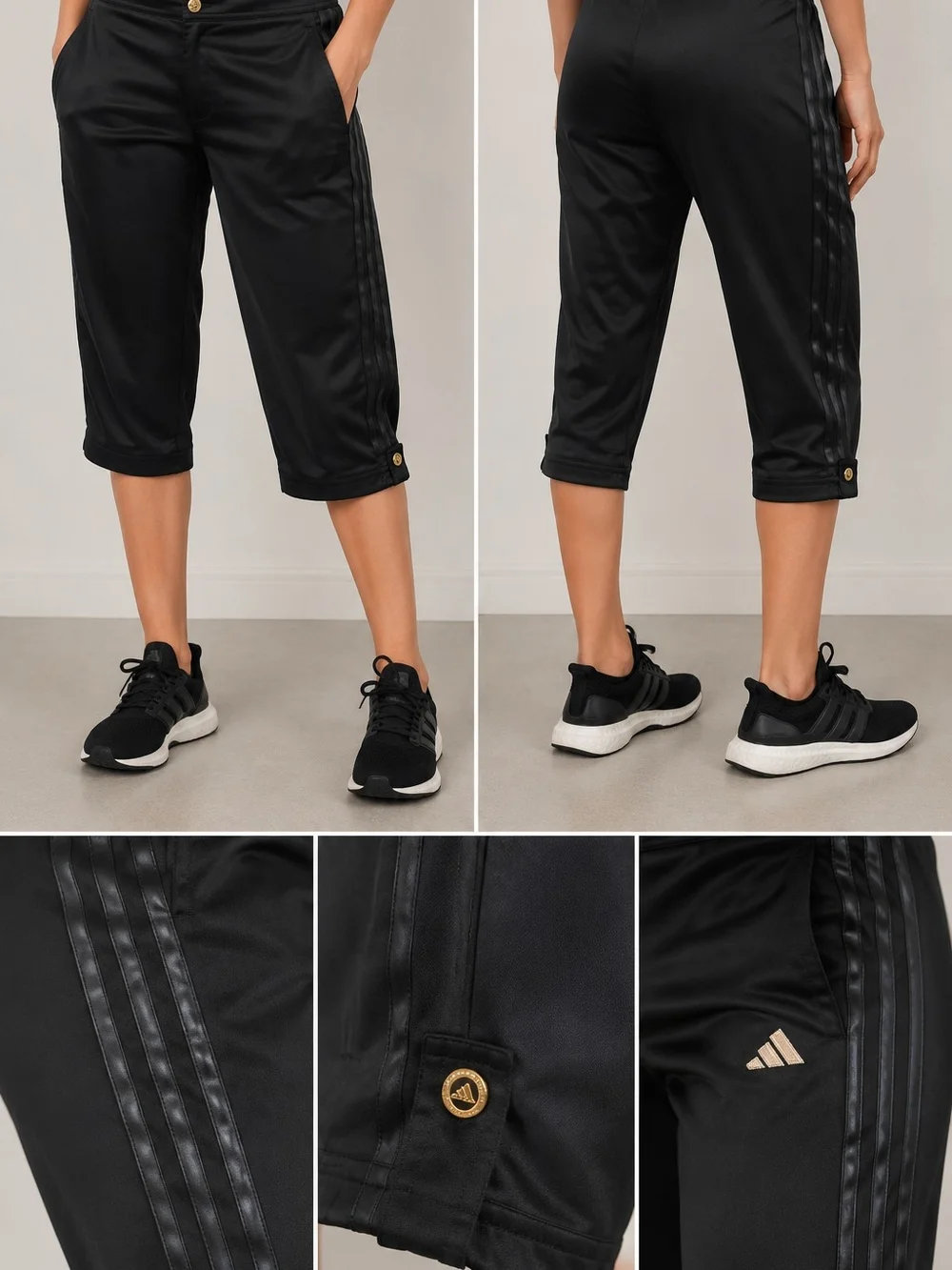 Adidas by Stella McCartney Black Satin 3 Stripe Capri Pants Cropped